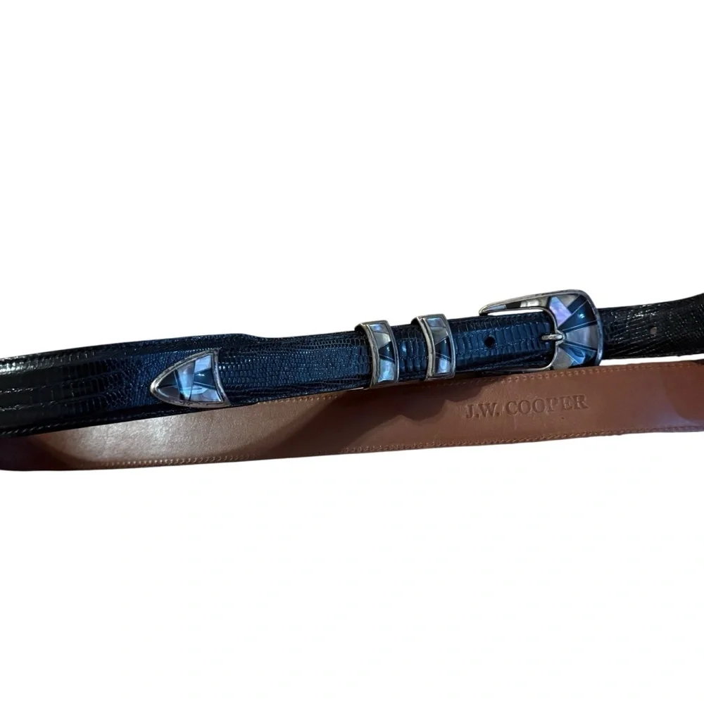 JW Cooper .925 Sterling Opal Inlay Black Lizard Skin Belt Size 44